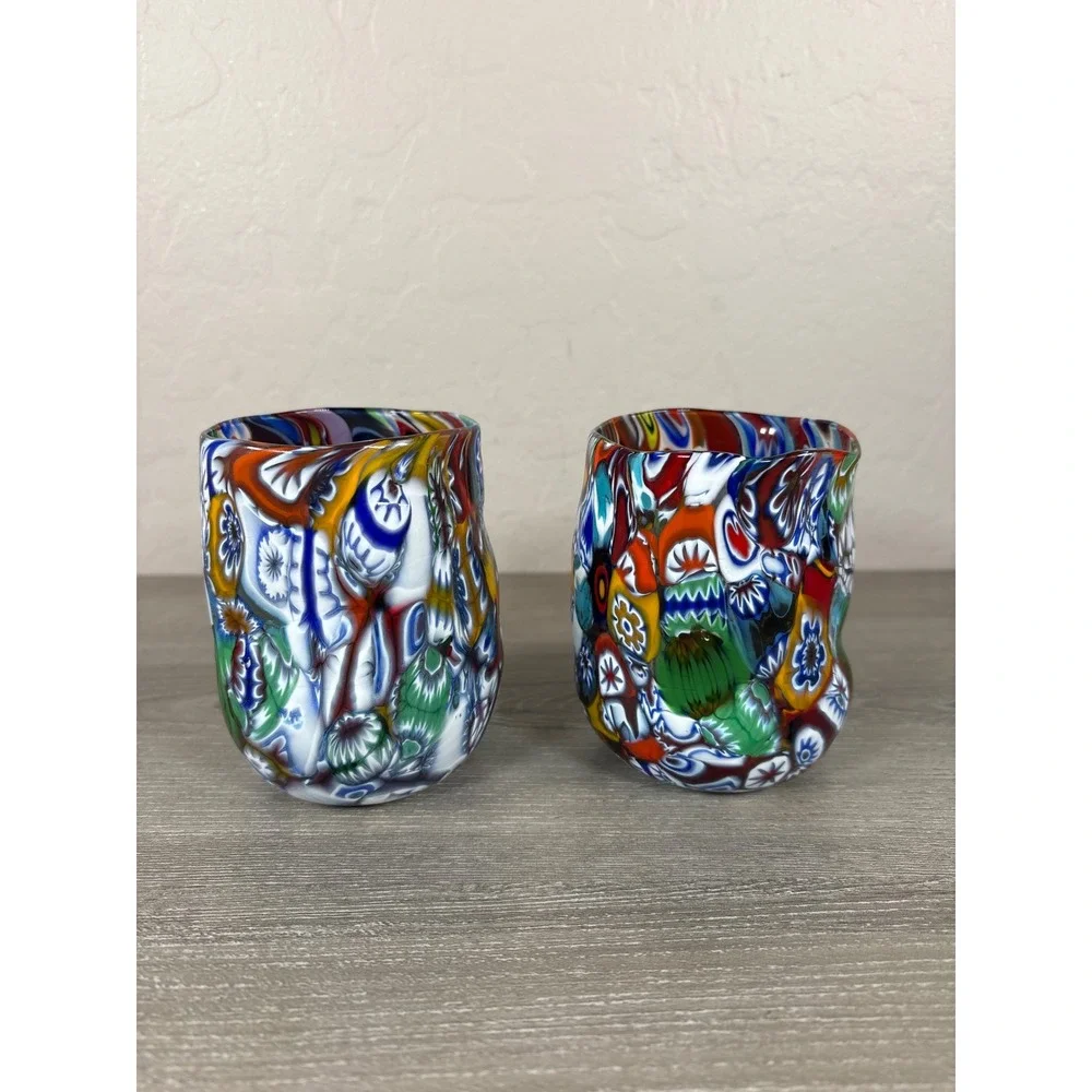 Millefiori Murano Venetian Style Art Glass Tumblers Set of 2 Multi Color Mosaic